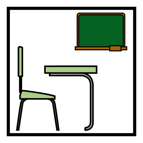 La imagen muestra una mesa con una silla y pizarra arriba. 