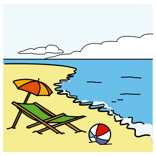 La imagen muestra la orilla de una playa con una tumbona, una hamaca y una pelota sobre la arena.