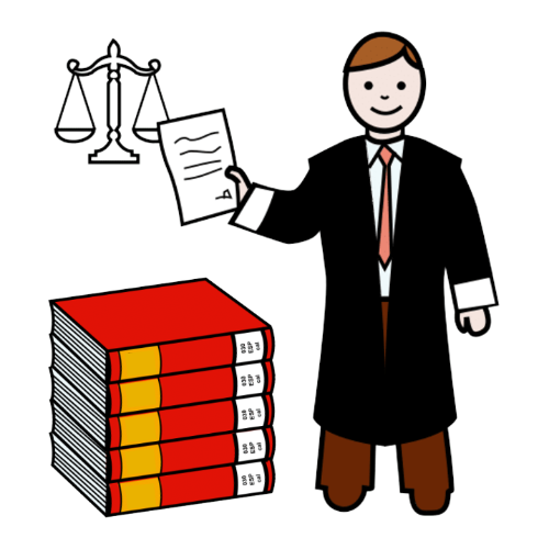  La imagen muestra un hombre con corbata y toga con un título en la mano y la balanza de la justicia detrás, junto a una pila de 5 libros.