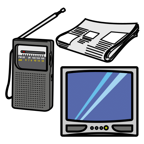 Dibujos de un periódico, una radio y una televisión.