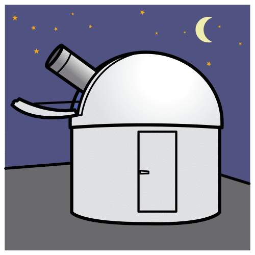Dibujo de un edificio pequeño con telescopio.