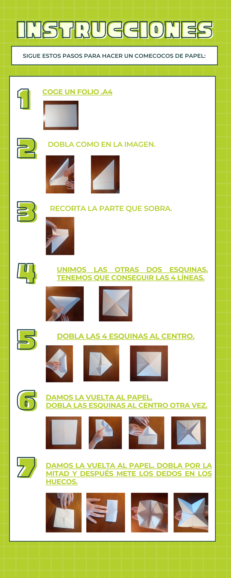 La infografía muestra los siete pasos para realizar un comecocos de papel