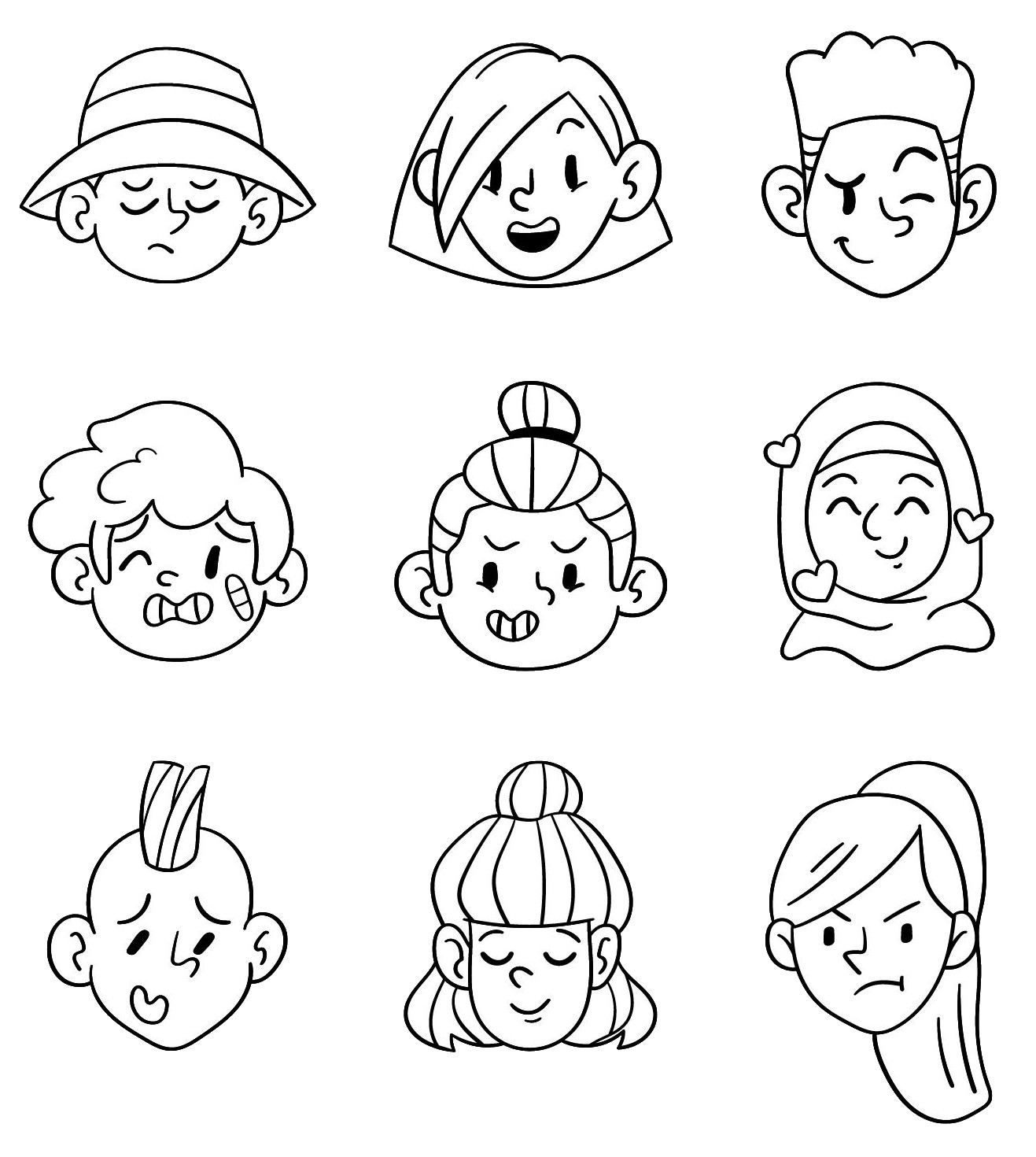 La imagen muestra muchas caras distintas en blanco y negro para colorear