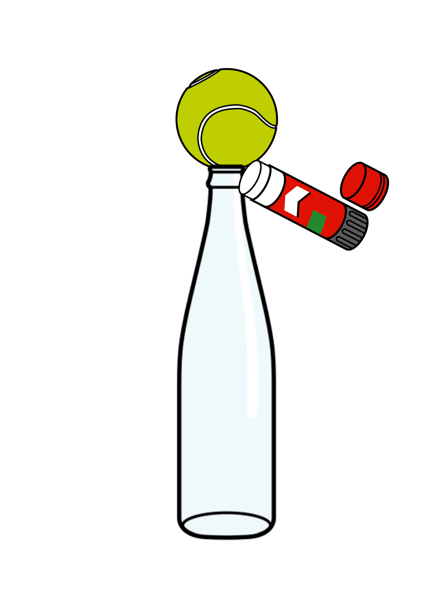 La imagen muestra una botella con una pelota de tenis unida a la boca de la botella y una barra de pegamento uniéndolas