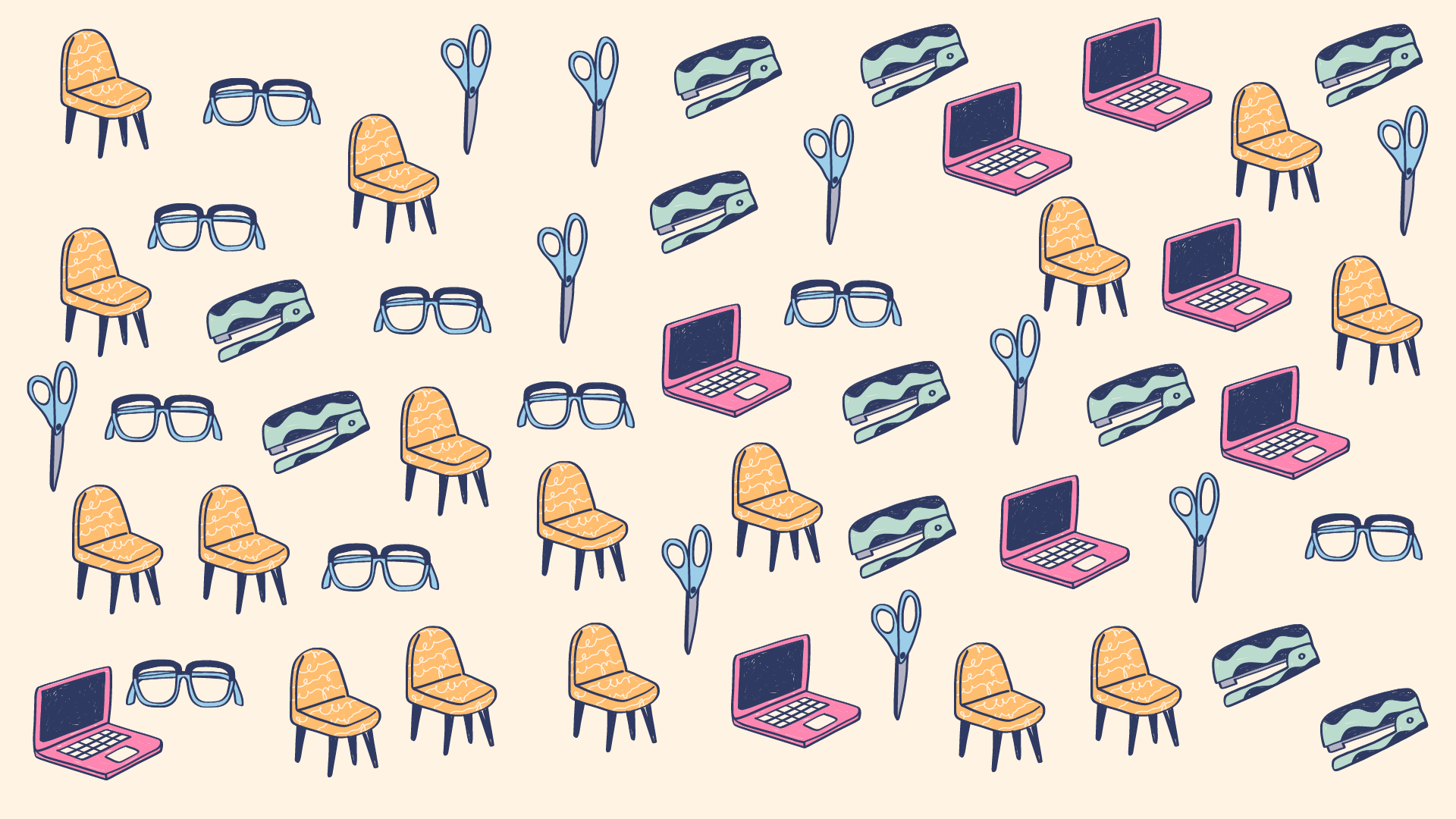 La imagen muestra varias sillas, gafas, grapadoras, tijeras y ordenadores portátiles
