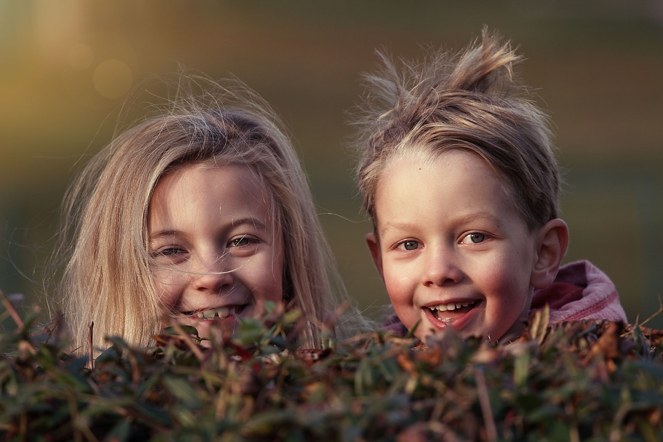 La imagen muestra un niño rubio y una niña rubia en un campo