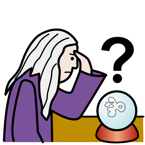 La imagen muestra una persona con la mano en la cabeza mirando una bola de cristal sobre la que hay una interrogación