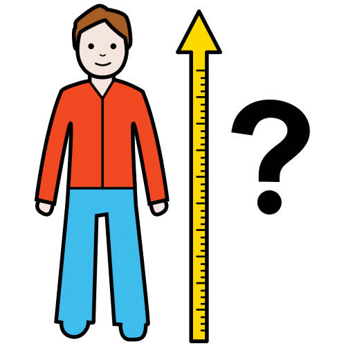 La imagen muestra un niño y al lado una flecha con líneas como si fuera una cinta métrica. La flecha parte del suelo y llega a la altura de su cabeza y al lado tiene un signo de interrogación