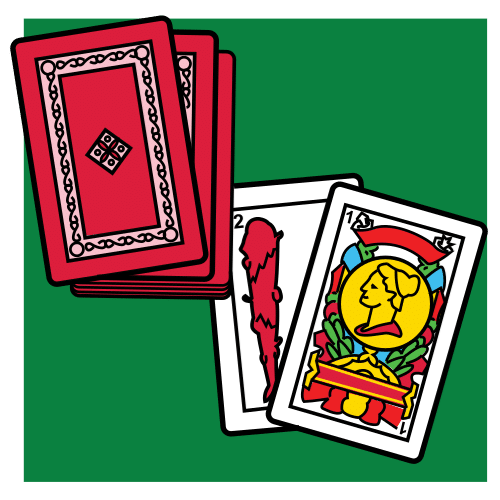 La imagen muestra una baraja de cartas boca abajo y dos cartas de la baraja española boca arriba