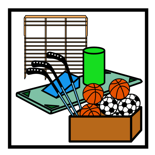 La imagen muestra un espacio con una colchoneta, espalderas, una caja con balones de fútbol y de baloncesto, palos de hockey y una cuña