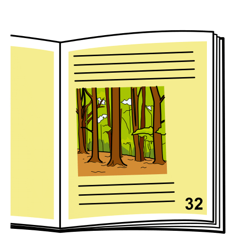 La imagen muestra un libro abierto que enseña una página con un dibujo de un bosque en el centro y varias líneas rectas encima y debajo del dibujo. En la esquina de abajo aparece escrito el número de la página