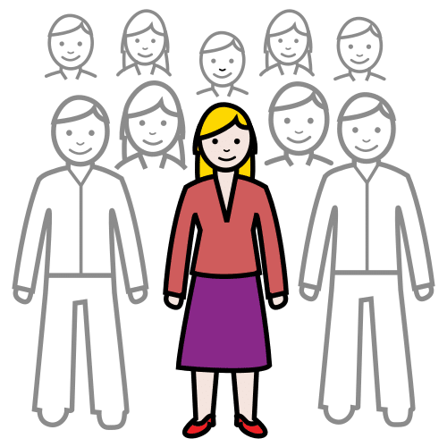 La imagen muestra una mujer en el centro rodeada de personas dibujadas en gris y que se ven poco
