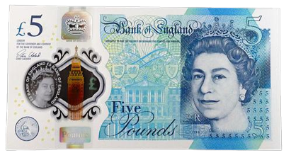 Imagen de un billete de 5 libras con la figura de la Reina de Inglaterra.