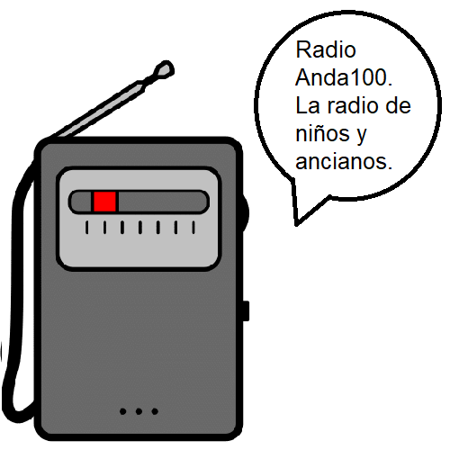 Radio emitiendo un programa. Junto a ella un mensaje en el que se lee el lema de la radio “Radio Anda100. La radio de niños y ancianos”.
