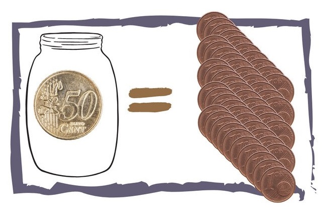 Una moneda de cincuenta céntimos tiene cincuenta monedas de un céntimo.