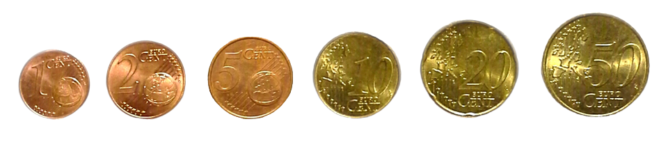 Imagen donde aparecen las monedas de un céntimo, dos céntimos, cinco céntimos, diez céntimos, veinte céntimos y cincuenta céntimos.