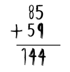 Representación de la suma 85 más 59 es igual a 144.