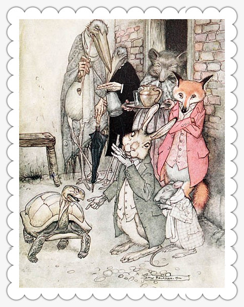 Ilustración para la fábula de la liebre y la tortuga en la que aparecen varios animales habituales en las fábulas: cigüeña, rata y ratón, zorro