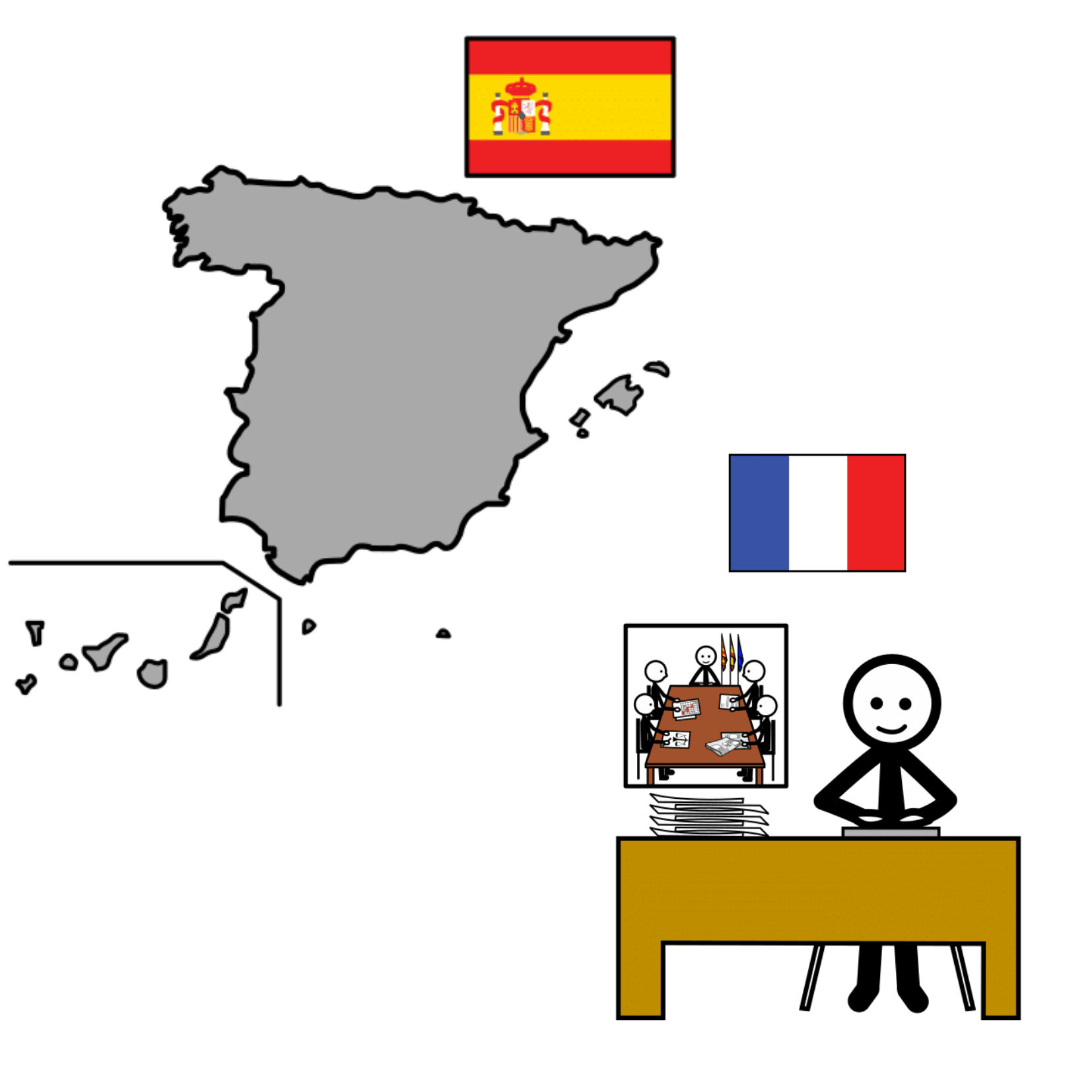 Mapa y bandera de España. Embajador en una mesa y bandera de Francia.