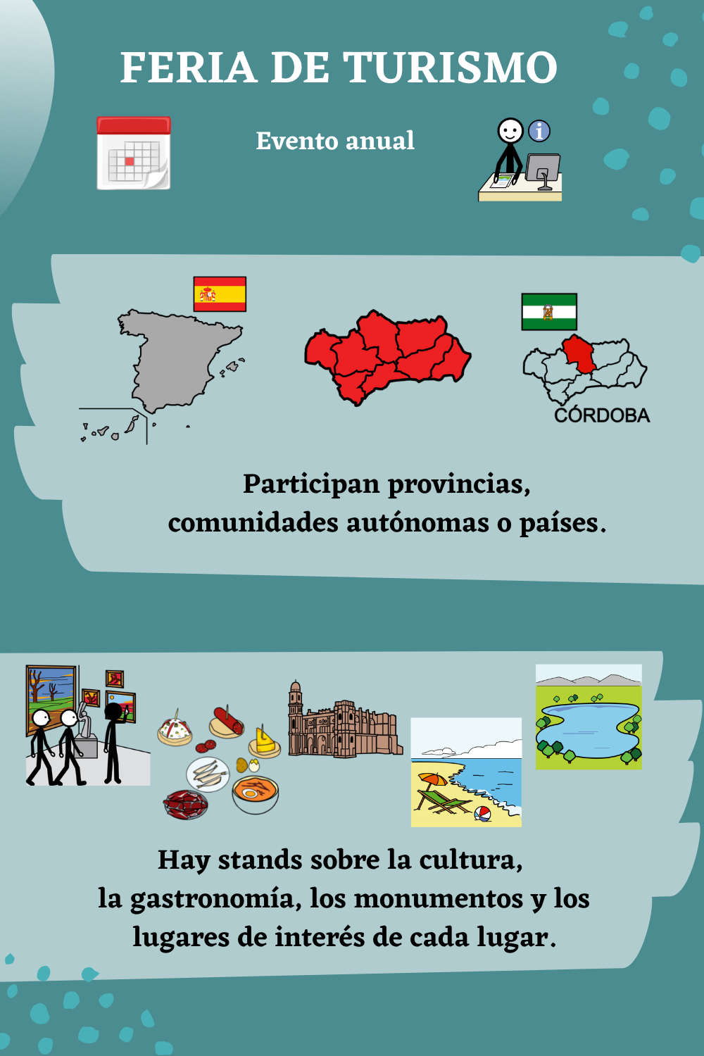 Feria de turismo. Evento anual. Calendario y mostrador de información. Mapas de España, Andalucía y Córdoba. Participan provincias, comunidades autónomas o países. Museo, tapas, catedral, playa, lago. Hay stands sobre la cultura, la gastronomía, los monumentos y los lugares de interés de cada lugar. 