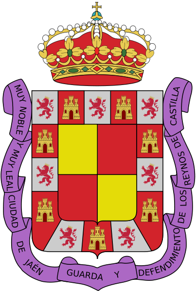 Cuartelado: 1º y 4º de oro, y 2º y 3º, de gules. Bordura componada de catorce compones: siete de gules, con un castillo de oro, mazonado de sable y aclarado de azur, y siete de plata, con un león de púrpura, linguado y uñado de gules y coronado de oro. Al timbre, corona real cerrada