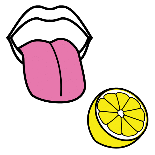 Boca con la lengua fuera. Medio limón al lado.