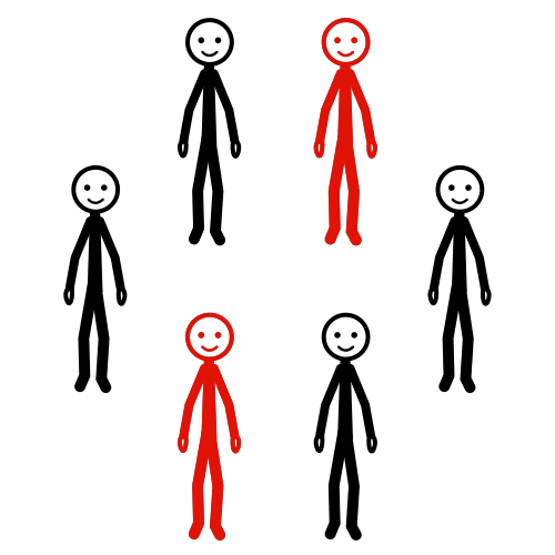 Seis personas en círculo. Dos personas de rojo y el resto de negro.