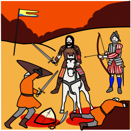 Guerreros medievales en una batalla.