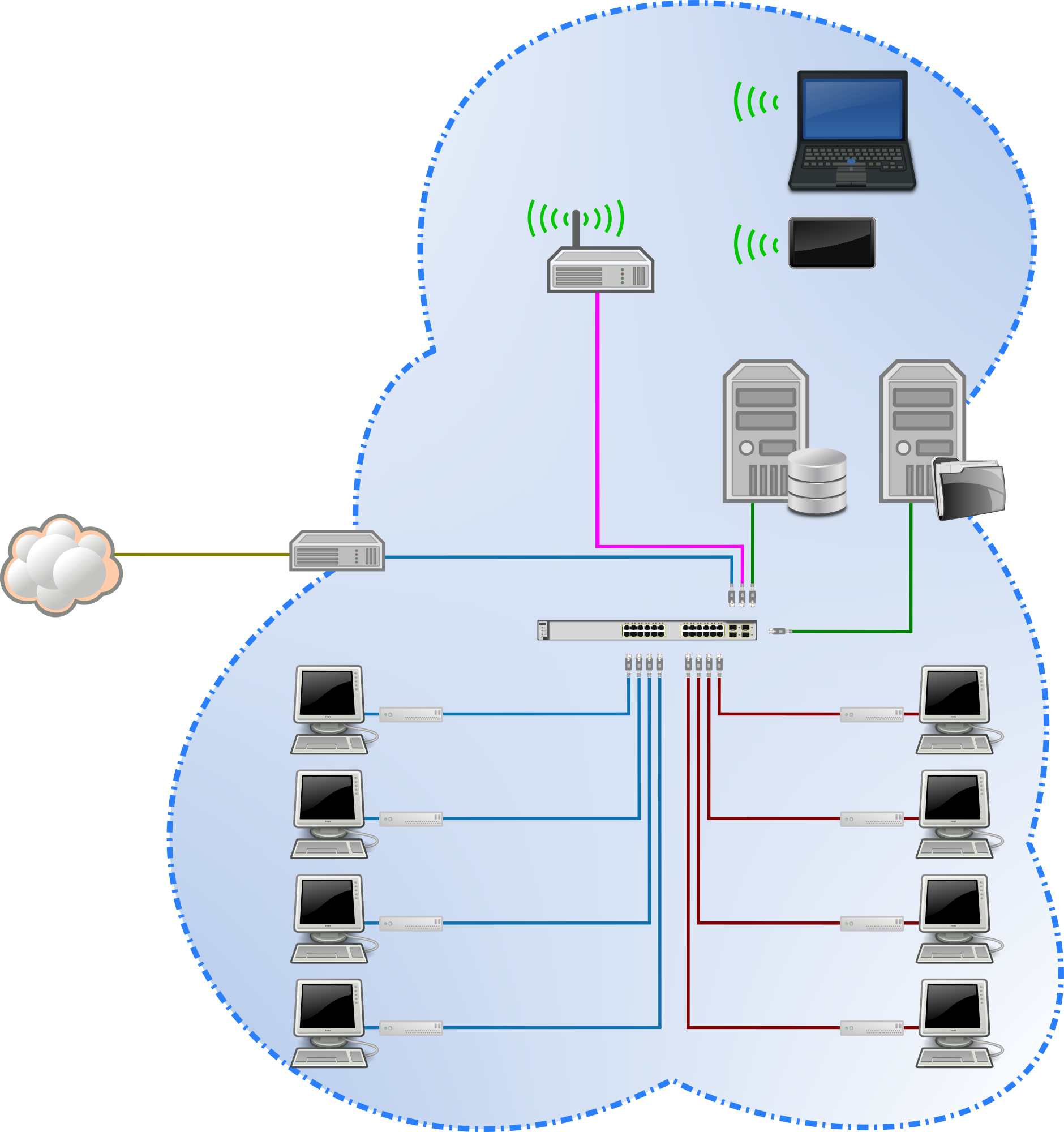 La imagen muestra varios dispositivos informáticos conectados en una red de área local