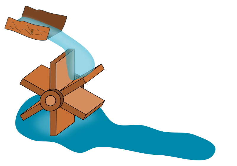 La imagen muestra un canal de madera que vierte agua sobre una rueda de palas sobre el cauce del agua que fluye