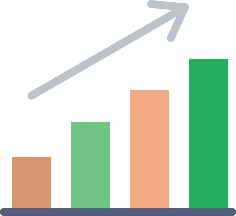 La imagen muestra un gráfico de barras de colores con tendencia creciente indicada por una flecha