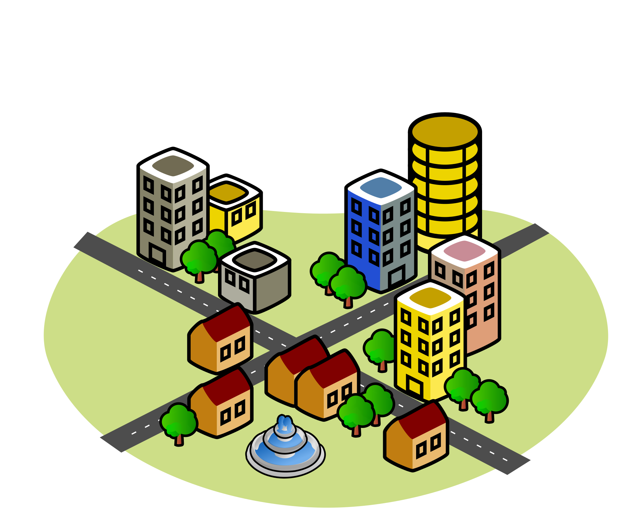 La imagen muestra una ciudad con dos calles transversales y diversos edificios altos y casas a sus lados