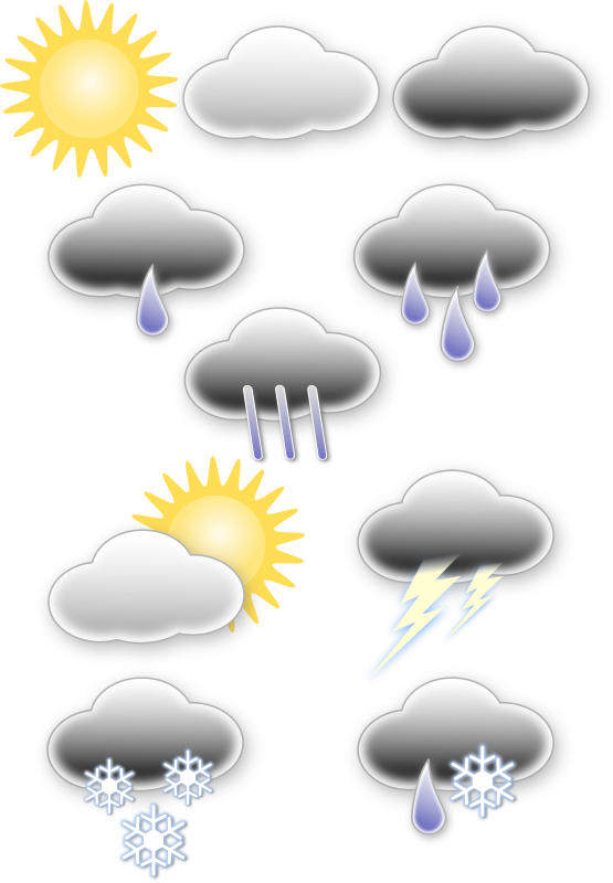 La imagen muestra los símbolos de utilizados en meteorología para indicar el tiempo atmosférico apareciendo el sol, las nubes, la lluvia, las tormentas eléctricas y la nieve