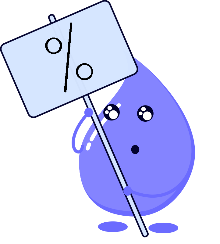 La imagen muestra una gota de agua con cara que porta un cartel que indica el símbolo del procentaje para representar la humedad