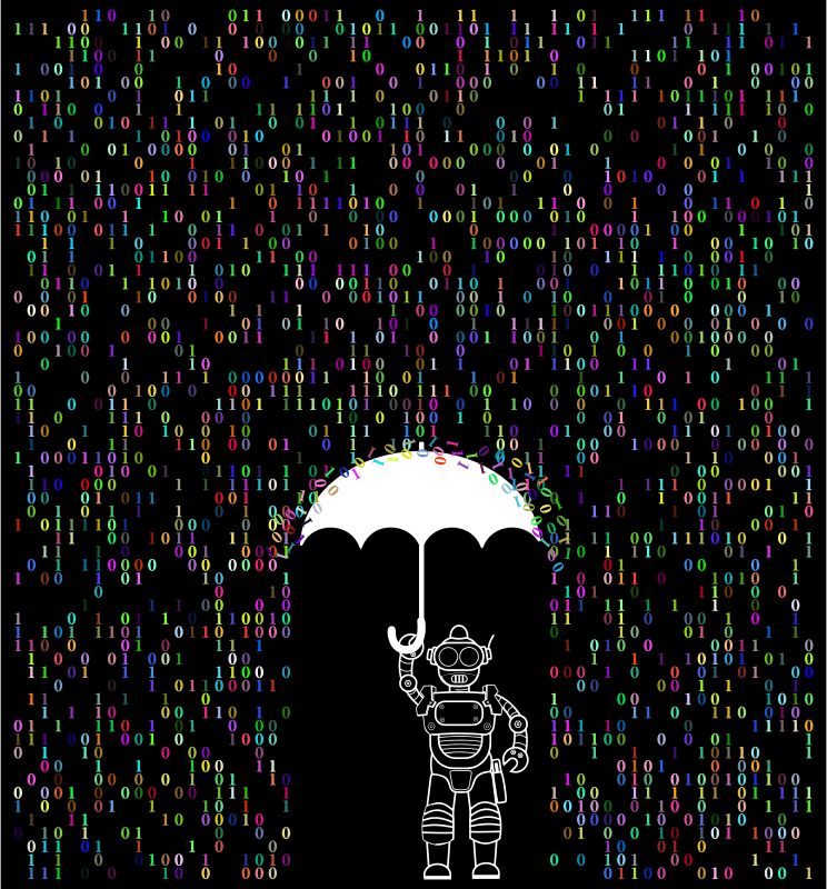 La imagen muestra un robot con un paraguas abierto para protegerse de una lluvia de números binarios de colores