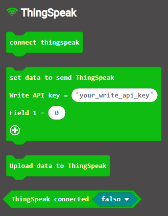 La imagen muestra los bloques de MakeCode necesarios para configurar la conexión con la plataforma de IoT llamada ThingSpeak