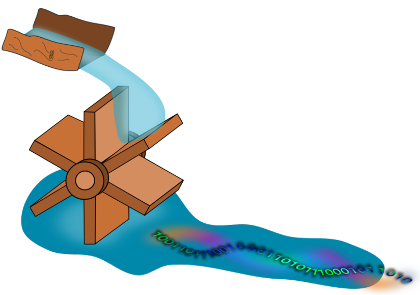 La imagen muestra un flujo de agua desde un canal de madera pasando por una rueda de palas y convirtiéndose al final en un reguero de datos representados por una señal binaria
