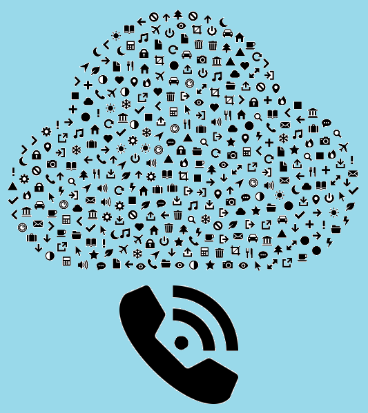 La imagen muestra el auricular de un teléfono antiguo conectándose inalámbricamente con una nube formada por  pequeños iconos variados