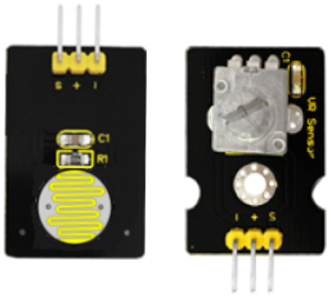 La imagen muestra un sensor de rotación analógico y un sensor de luz ambos integrados en su correspondiente placa