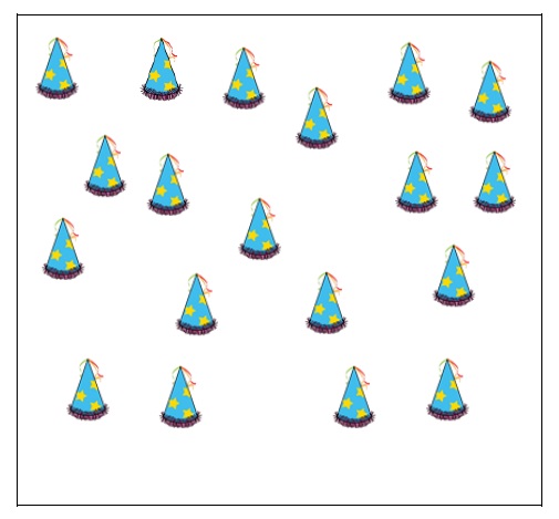 La imagen muestra una serie de gorros con forma de cono y de color azul