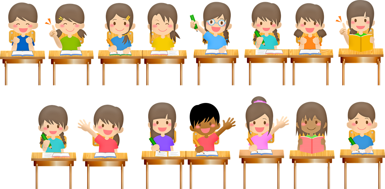 La imagen muestra un dibujo de  dos filas de pupitres con niños y niñas sentados y trabajando