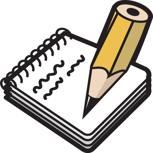 La imagen muestra un dibujo de un bloc de notas con un lápiz que escribe en él