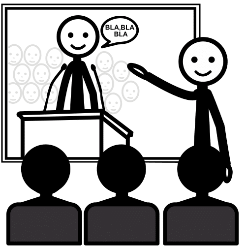 Dibujo de una persona presentando a otra que habla en un estrado ante otras personas que están sentadas delante