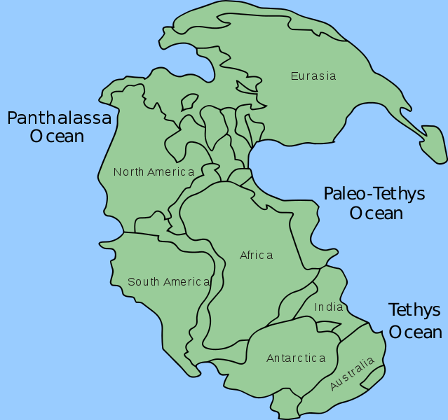 Mapa de Pangea, con los nombres de los continentes y océanos que lo rodean (Panthalassa, Paleo-Tethys y Tethys).