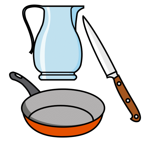 Útiles de cocina; cuchillo, jarra y sartén