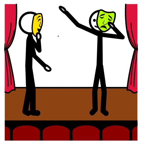 Dos personas haciendo teatro en un escenario	