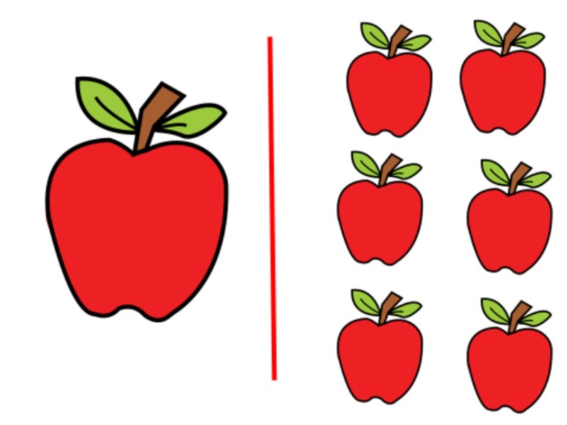 En un lado de la imagen hay una manzana y en el otro seis manzanas.	