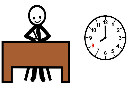 La imagen muestra una persona trabajando en un mesa y al lado un reloj que marca las 8 en punto.