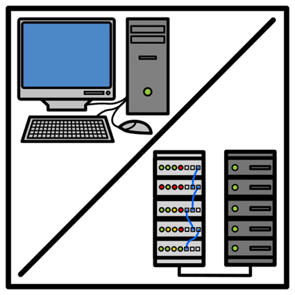 La imagen muestra un ordenador con el ratón, teclado y torre, así como dos torres.