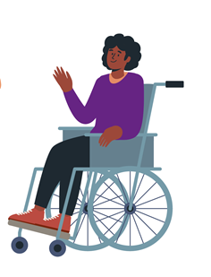 La imagen muestra el dibujo de una chica en silla de ruedas saludando.